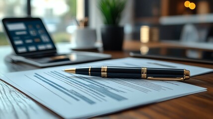 Fototapeta premium Business document review featuring a fountain pen on top, paperwork and a laptop displayed. on a transparent background, PNG image, PNG file.
