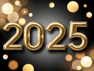 Golden 2025 typography on a black background with glowing bokeh light elements, representing celebration, New Year, and modern digital style for festive and futuristic themes

