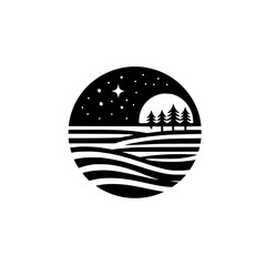 Minimalist Nightscape Logo: Pines, Stars, and Rippled Waters