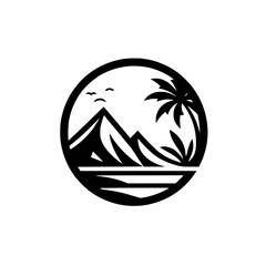 Black & White Tropical Landscape Logo: Mountains, Palm & Birds