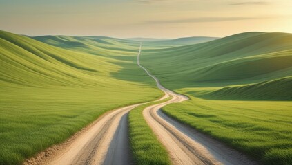 Fototapeta premium Winding pathway through rolling emerald hills offers a serene pastoral vista