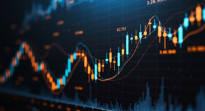 Dynamic financial graph with fluctuating market lines in blue and orange tones
