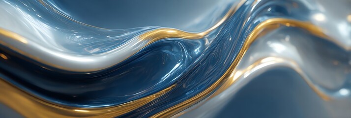 A stunning abstract composition of liquid metal in deep blues, silver, and gold, featuring smooth curves and glossy highlights. Elegant, vibrant, and high-resolution modern art for your creative proje