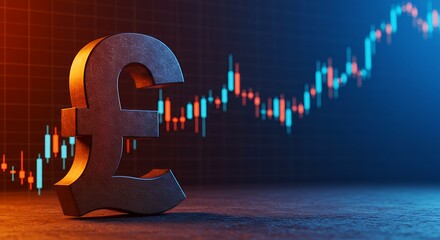 Bronze pound sterling symbol with financial chart and stock market trends