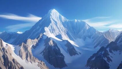 Fototapeta premium Snowy Mountain Peak Under a Bright Blue Sky Offering Serene Beauty and Majesty