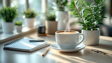Steam rises from a cup of coffee, placed on a desk alongside pens, notepad, and potted plants, creating a cozy workspace atmosphere on a transparent background, PNG image, PNG file.
