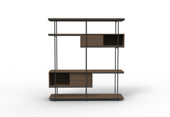 big wooden and metal shelf front view with shadow 3d render