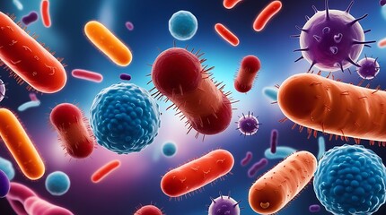 Naklejka premium Highly detailed 3D illustration of microscopic bacteria and viruses in vibrant colors on a blue background, ideal for scientific, medical, or educational content and backdrops