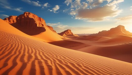 Naklejka premium Golden hour illuminates the vast arid landscape and sculpted dunes of the desert
