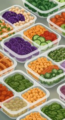 Assorted meal prep containers filled with colorful vegetables and protein sources in a neat arrangement