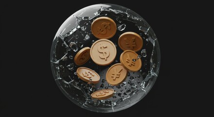 Financial Bubble Burst: Coins in Shattered Sphere