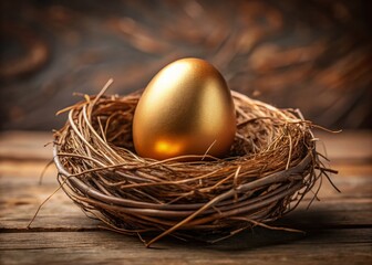 Obraz premium Golden Egg in Bird's Nest - Unique Easter Egg Stock Photo