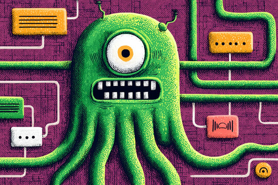 A green, one-eyed monster with tentacles is connected to various digital chat boxes and pipes, symbolizing complex communication.