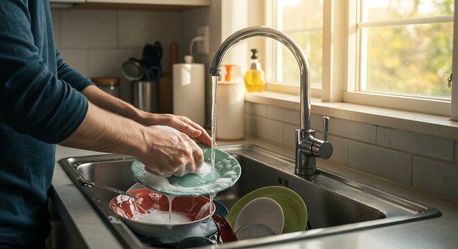 A person washing dishes by hand in a kitchen sink, with soap suds, clean plates, and sunlight coming through the window