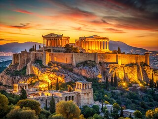 Fototapeta premium Golden Hour Panorama: Acropolis Athens Ancient Ruins Sunset