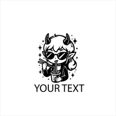 Cute Devil Girl Eating Noodles – Black and White Vector Mascot Illustration

