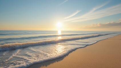 Obraz premium Idyllic beach scene at sunrise featuring calm sea waves and a radiant sun