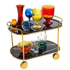 A Chic Modern Black Marble Bar Cart with Gold Trim Isolated on Transparent Background