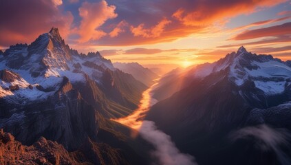 Obraz premium Majestic mountain range illuminated by the vibrant hues of the setting sun, a panorama of natural beauty