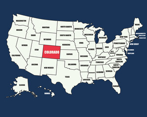 Fototapeta premium USA map with state names, highlighting Colorado, ideal for educational, travel, and geographic design themes.