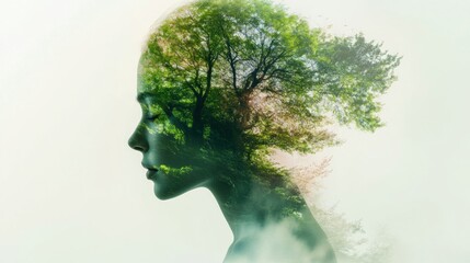 Woman and forest double exposure serene profile lush green foliage tranquil nature image