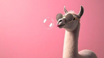 Obraz premium Playful llama with sunglasses blowing a bubble on pink background.