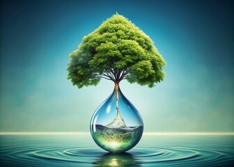 Green Tree Sprouting from Water Drop: Save Water, Protect Our Planet - World Water Week