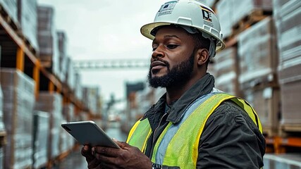 Worker with tablet in warehouse, reviewing inventory