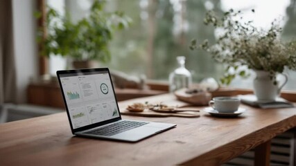 A serene home office with a laptop on a wooden table reflecting a portfolio management software interface with analytics visualizations.