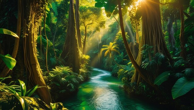 Lush tropical rainforest landscape with vibrant greenery and sunbeams filtering through the trees