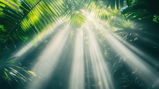 Tropical sunlight beams through jungle foliage