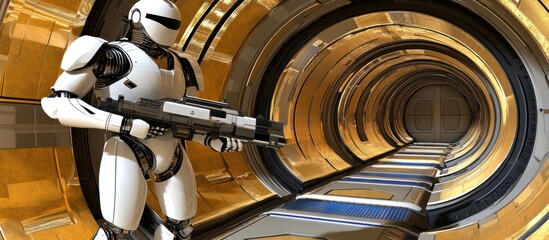 Futuristic Sentinel Guarding a Golden Portal in the Space Station Tunnel