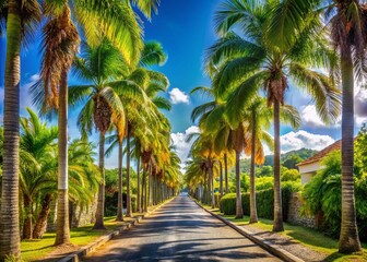 Fototapeta premium Guadeloupe Royal Palm Tree-Lined Road, Capesterre Belle Eau, French West Indies - Scenic Alleyway