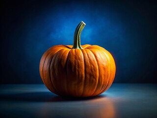 Halloween Pumpkin: Orange Gourd on Dark Blue Background - Stock Photo