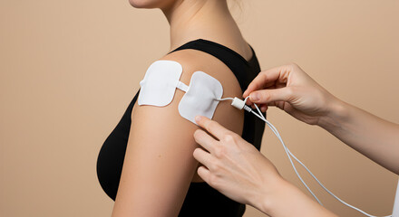 Close Up Electrical Muscle Stimulation Therapy on Woman's Shoulder With White Pads and Smooth Skin on Tan Background