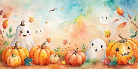 Fototapeta premium Halloween Watercolor Clipart: Spooky Cute Pumpkins & Ghosts Left Composition with Copy Space