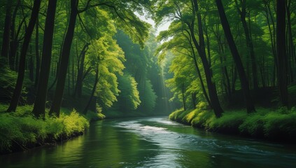 Fototapeta premium Enchanting Forest River Scene Serene Greenery Reflecting Sunlight Peace Tranquility