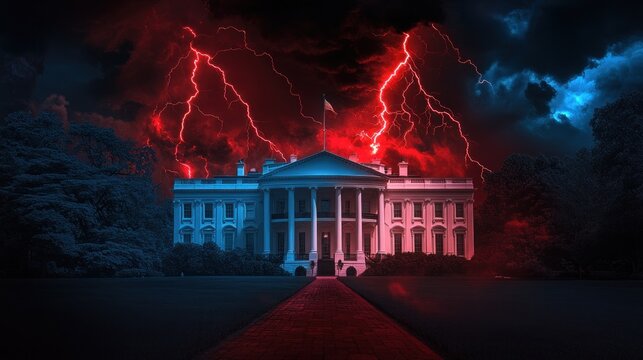 Neoclassical building with red lightning storm at night