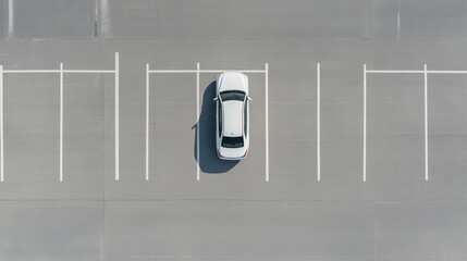White car parked in empty parking lot aerial view
