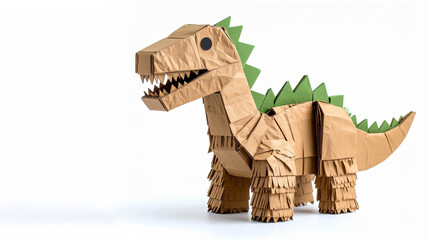 An expertly folded origami dinosaur crafted from brown paper, featuring sharp teeth, layered textures, and vibrant green spikes along its back and tail. The precise folds and sculptural details evoke 