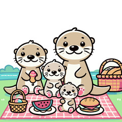 Charming Otter Family Enjoying a Picnic on Plaid Blanket with Food in Cartoon Style