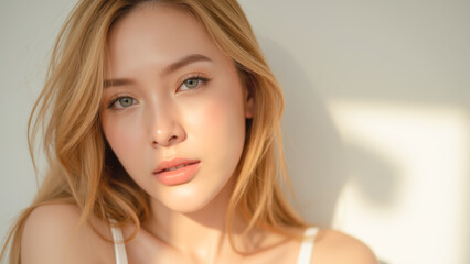 Young Woman with Long Blonde Hair Posing in Soft Light with Natural Makeup