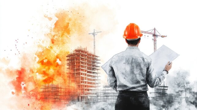 Engineer reviewing construction plans for building