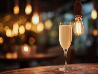 Soft lighting highlights a glass of bubbly drink on a wooden bar.