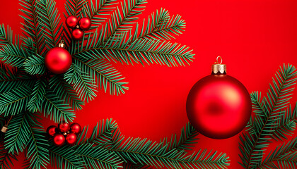 Fototapeta premium Evergreen branch with red Christmas ball on red background. New Year banner with place for text, grunge. isolated with white highlights