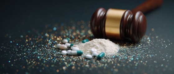Gavel resting on pills and powder, symbolizing justice and drug issues.