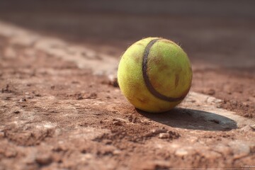 Tennis ball on a clay court surface.