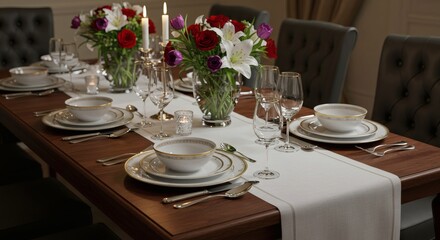 A formal dining table set with fine china silverware glassware and floral arrangements for a special occasion