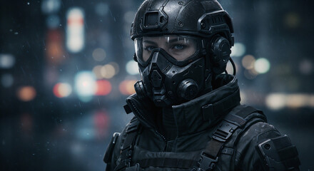 Futuristic Soldier Woman Tactical Helmet Mask Urban Night Portrait