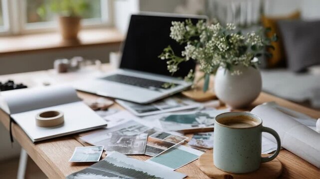 A cozy home office setup with a laptop various print samples and a coffee mug displayed prominently highlighting the entrepreneurial spirit.